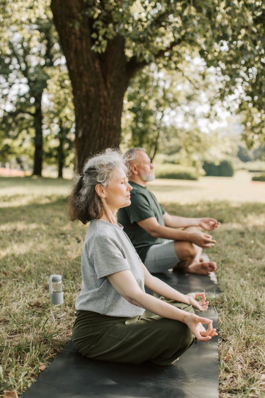 A middle-aged couple enjoys yoga in the park, meditating under a tree.
