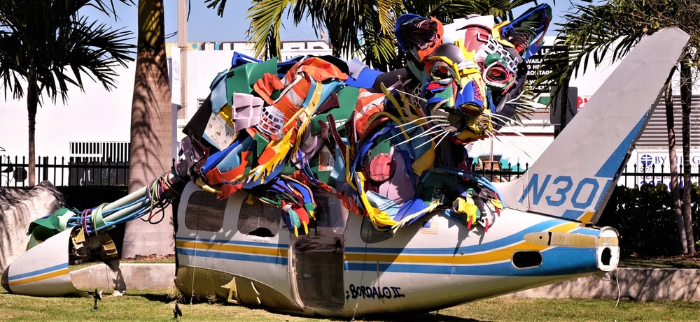 A sculpture made of recycled materials.