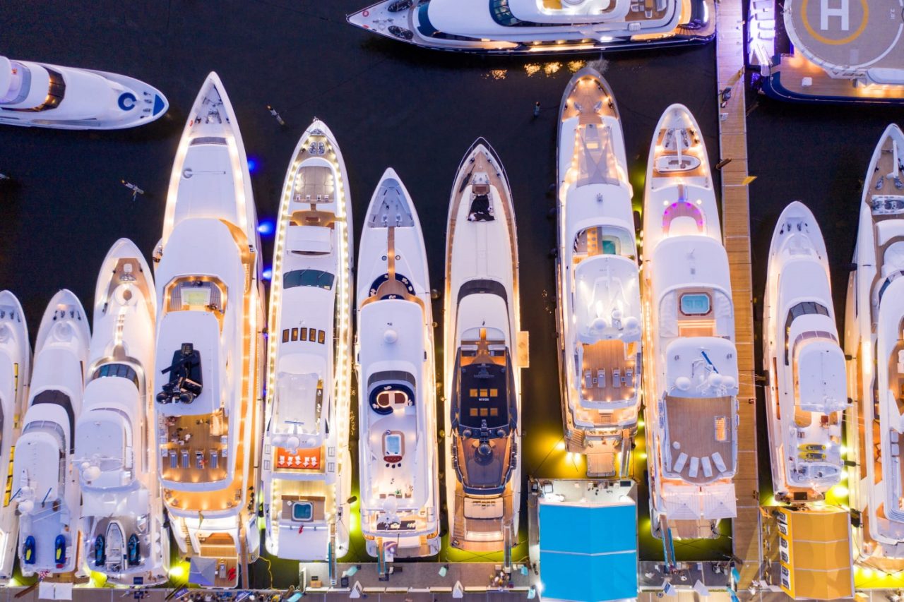 View of boats and yachts at a boat show in Miami