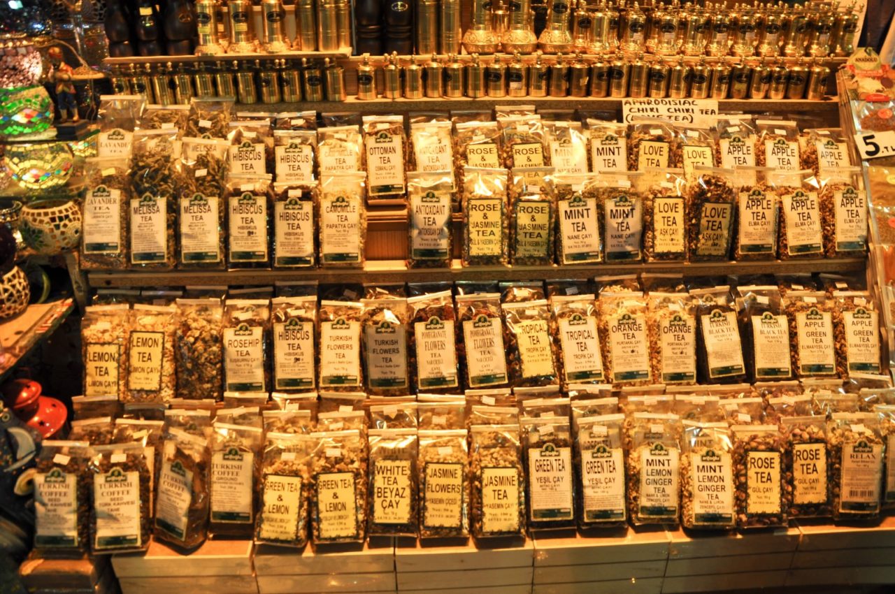 Unique tea displayed in the shop in plastic bags