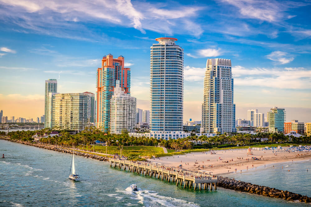 Tall buildings, skyscrapers near beach