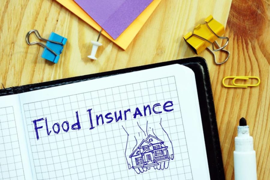 Texto en un cuaderno que dice "Seguro contra inundaciones"