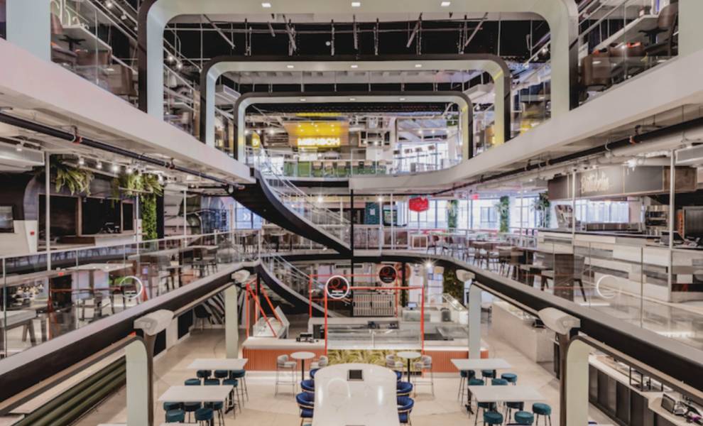 Inside corporate office, modern design furniture and playing area