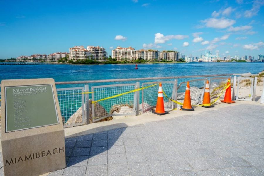 Traffic cones lined up at Miami Beach