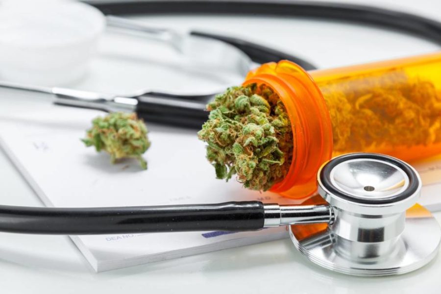 Cannabis and stethoscope placed on table