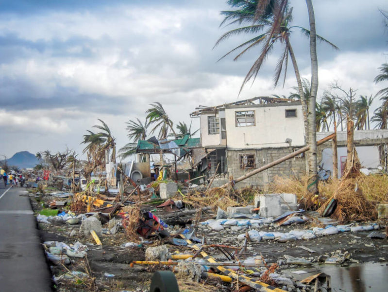 Disaster after hurricane, Debris scattered, broken trees.