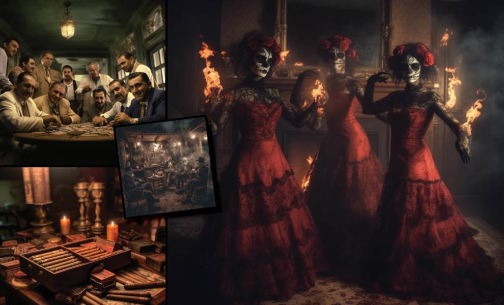 Señoras vestidas para disfraz de Halloween. Hombres de mediana edad vestidos al estilo de los años 70 sentados alrededor de la mesa.