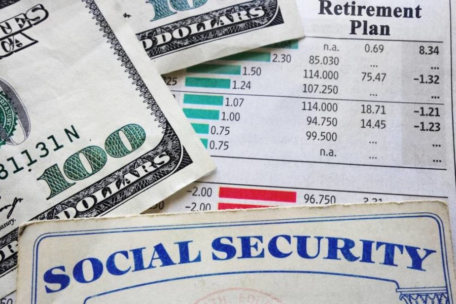 Social security card with dollar bills and retirement plan