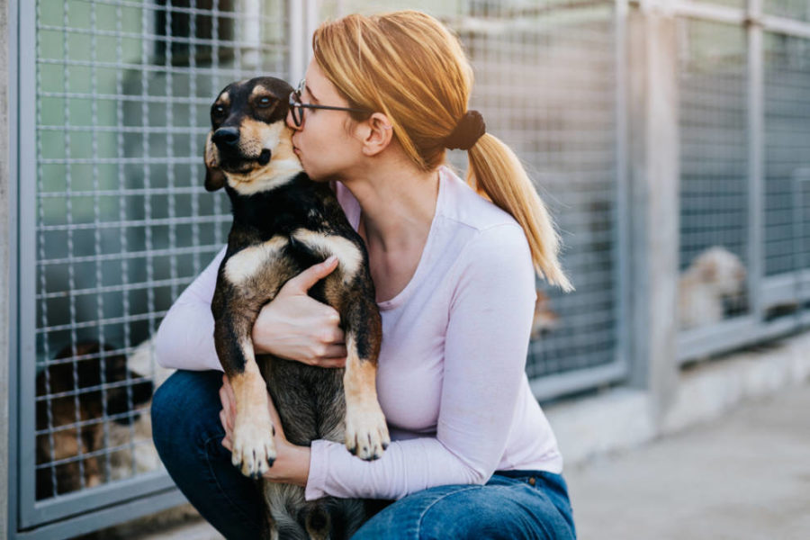 A woman affectionately kisses her dog, displaying a heartwarming bond, while standing before a cage