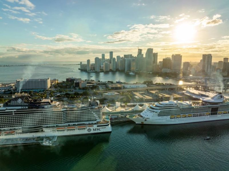 Cruise ships docked in harbor, city skyline in background