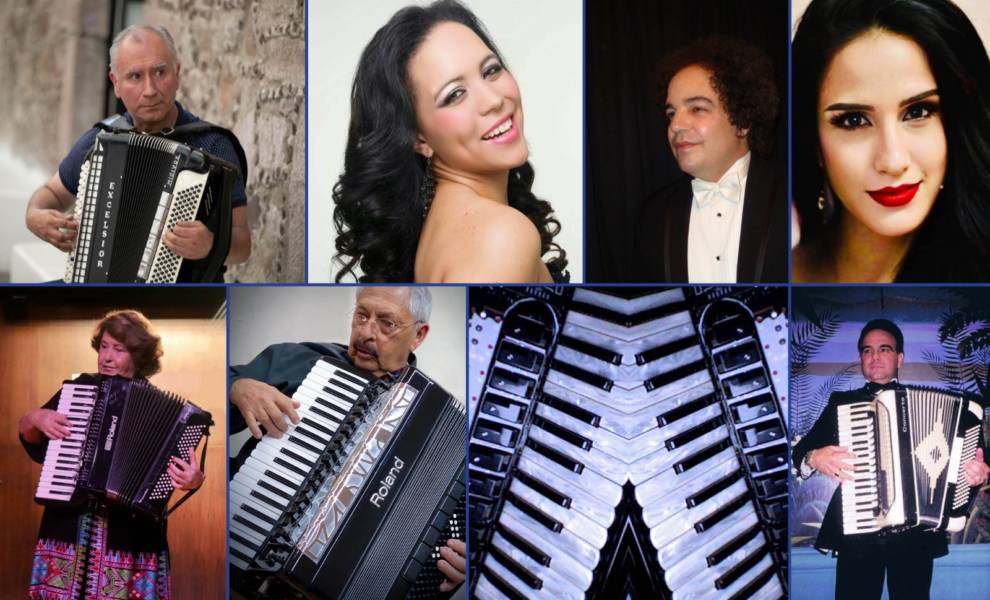 Images of people playing accordions in a collage