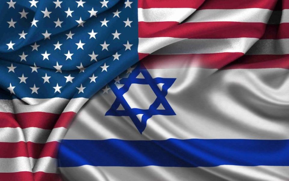 Artwork depicting the flags of the US and Israel merged in one.