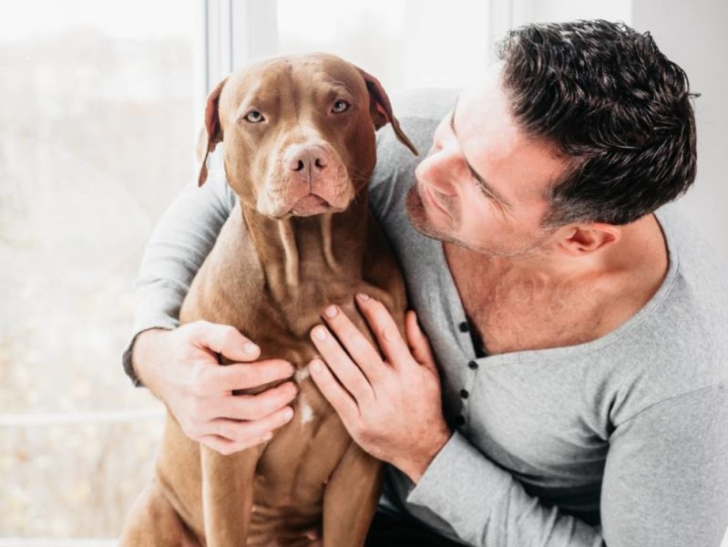 A man affectionately embraces his dog while seated on a couch