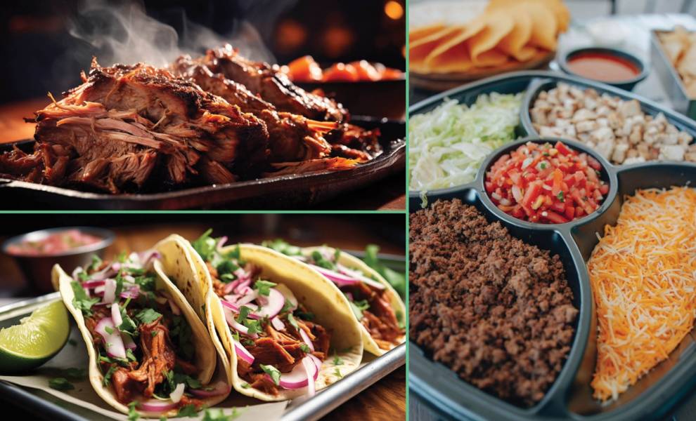 Un collage de tacos de comida, carne y verduras. Un delicioso surtido de varios tipos de cocina.