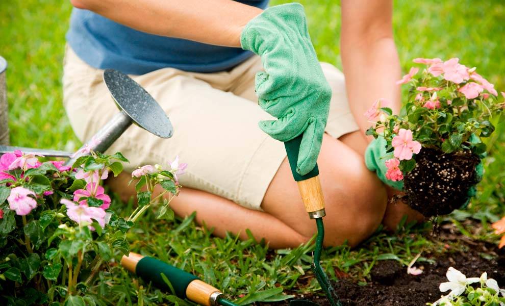 Una madre y una hija regando plantas.