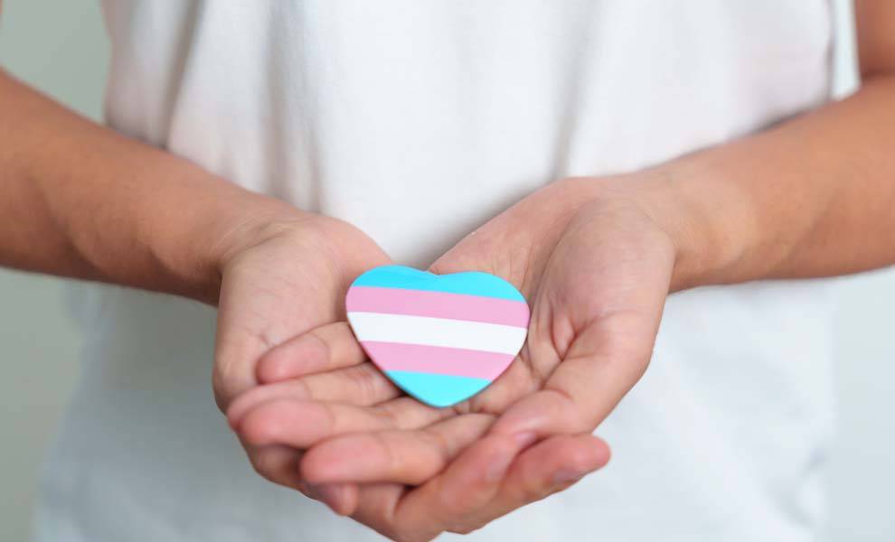 Persona sosteniendo un juguete en forma de corazón con diseño de bandera transgénero.