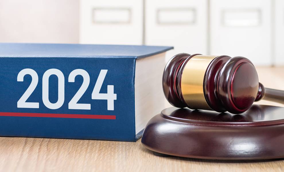 Gavel resting on a desk with 2024 book of laws.