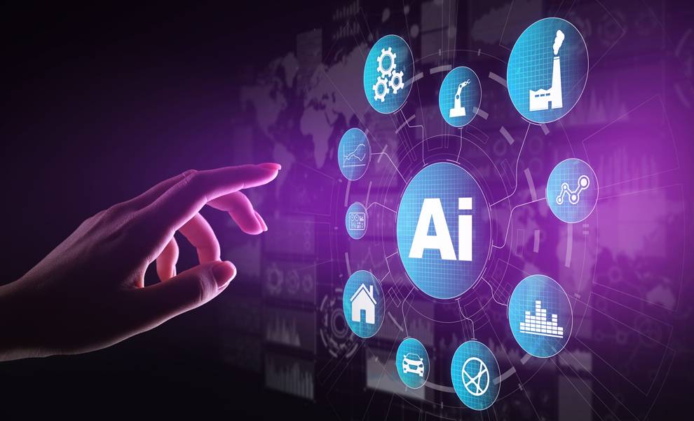 Una representación visual de IA y conceptos comerciales entrelazados en un paisaje digital, que muestra innovación y tecnología.