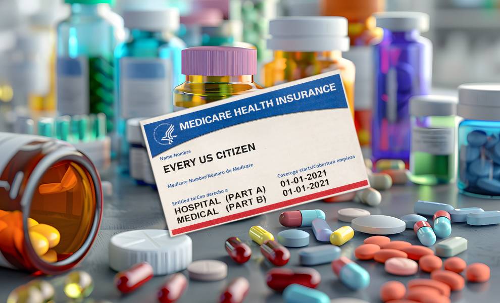 Medicare health insurance card with background of various medications.