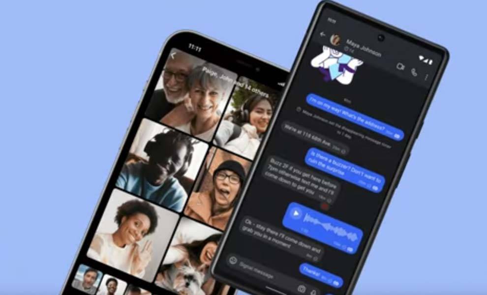 Image of cell phones with app Signal on blue background.