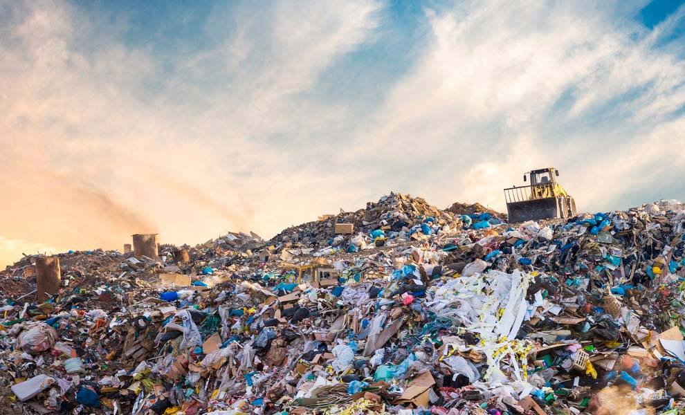 Una gran pila de basura se encuentra en el centro de un campo de hierba, lo que pone de relieve los problemas de contaminación ambiental y gestión de residuos.