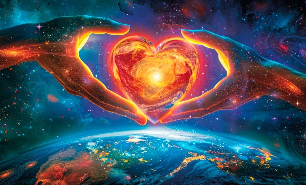 Hands gently cradle a heart, symbolizing love and care, positioned in front of a vibrant Earth backdrop.