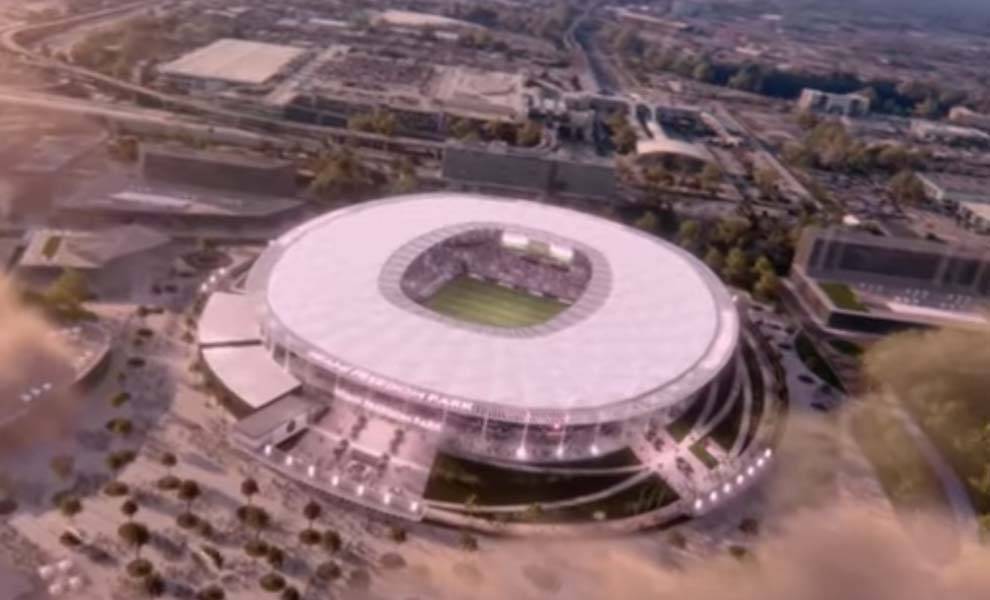 Aerial view of Miami Freedom Park soccer stadium featuring a prominent large white dome.