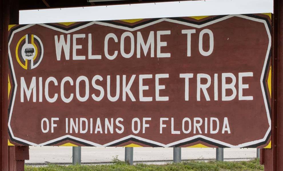 A welcome sign for the Miccosukee Tribe of Indians of Florida.