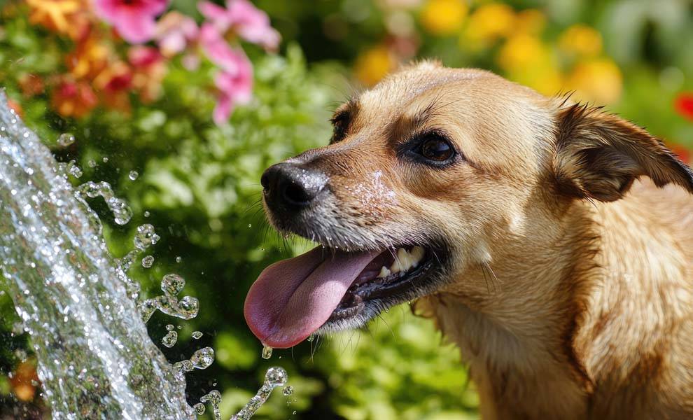A dog happily drinks water from a fountain on a sunny day, enjoying a refreshing moment.