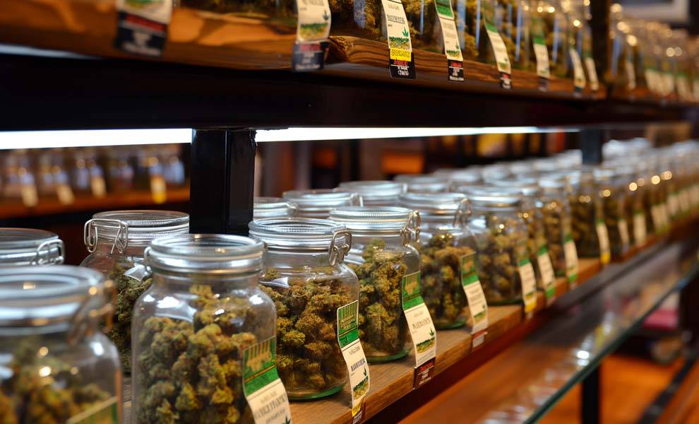 Una fila de frascos que contienen vibrantes cogollos de marihuana.