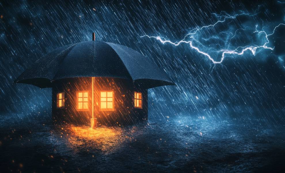 Un paraguas resiste bajo la lluvia, iluminado por un relámpago en el cielo oscurecido.