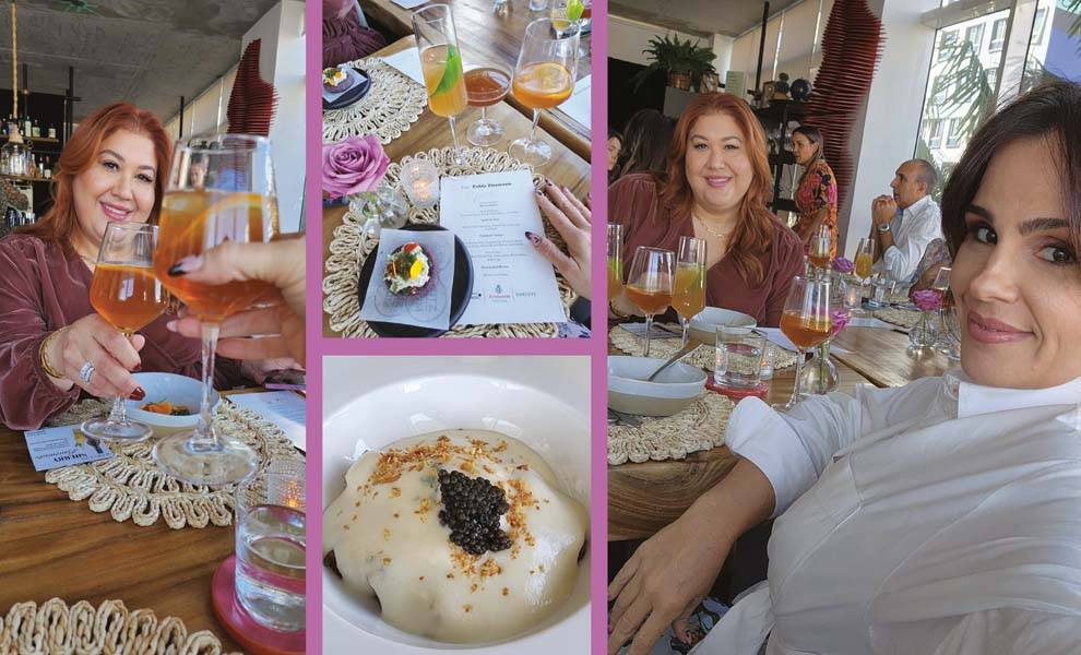 A collage featuring a woman enjoying various dishes, showcasing her delight in different culinary experiences.