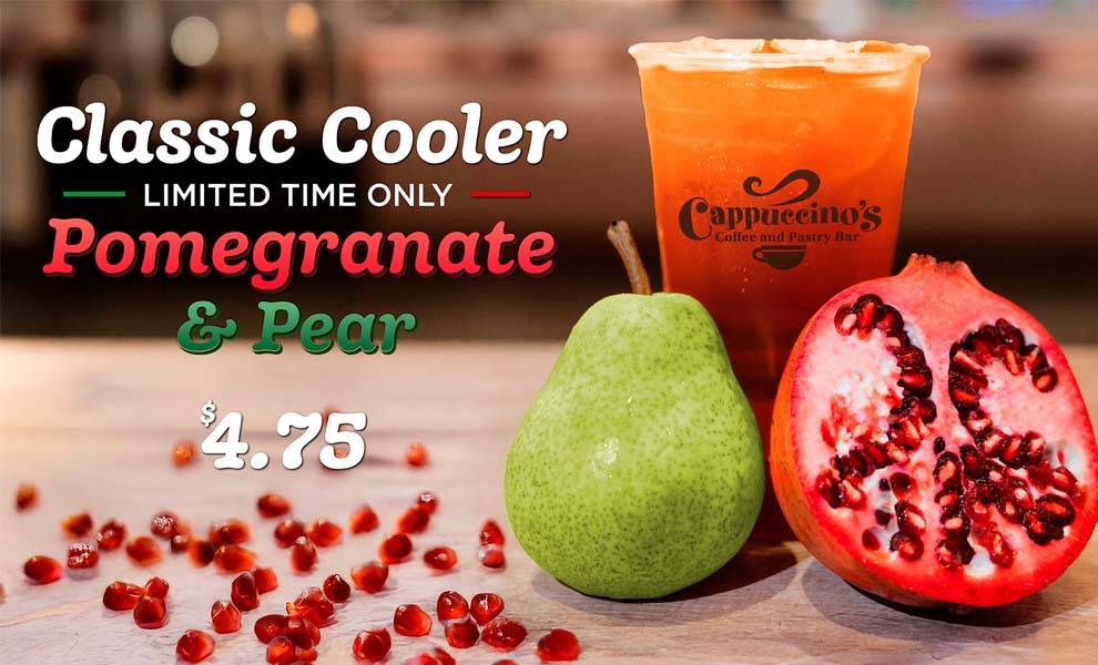 Una bebida refrescante clásica con una refrescante mezcla de granada y pera, servida en un elegante vaso con hielo en Seminole Classic Casino.