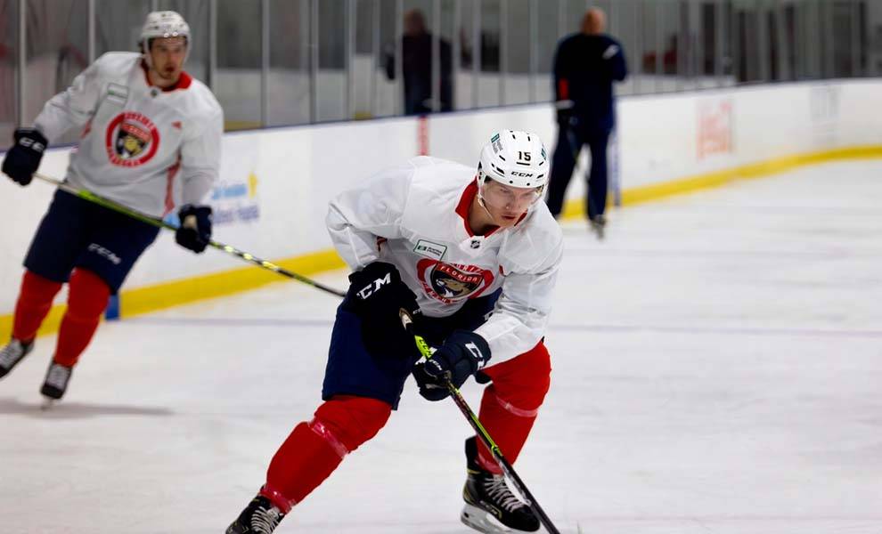 Two Florida Panther hockey players on the ice, one holding a stick, engaged in an intense moment of the game.