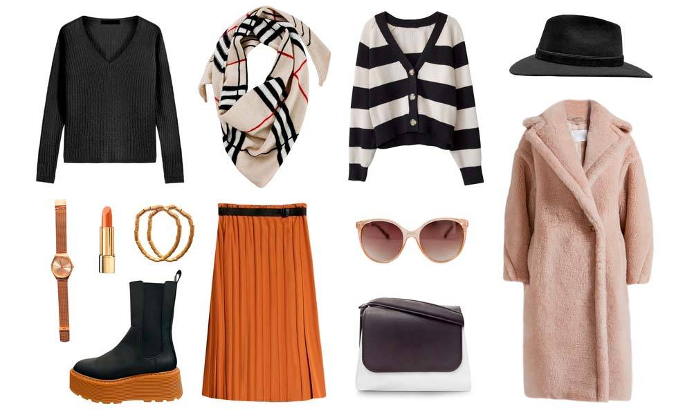 Una colección de prendas de vestir que incluye un abrigo, una bufanda, un sombrero, un bolso y zapatos dispuestos de forma estética.