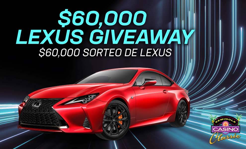 Promotional image for a $50,000 Lexus giveaway event, featuring the luxury car prominently displayed.