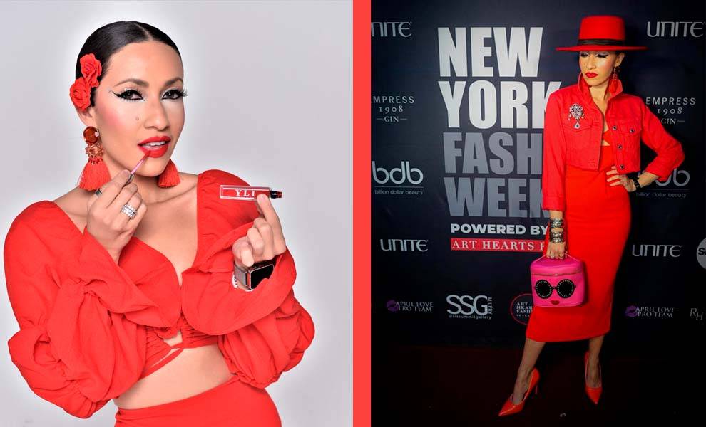 A woman in a red outfit poses alongside another woman wearing a stylish hat, showcasing their fashionable looks.