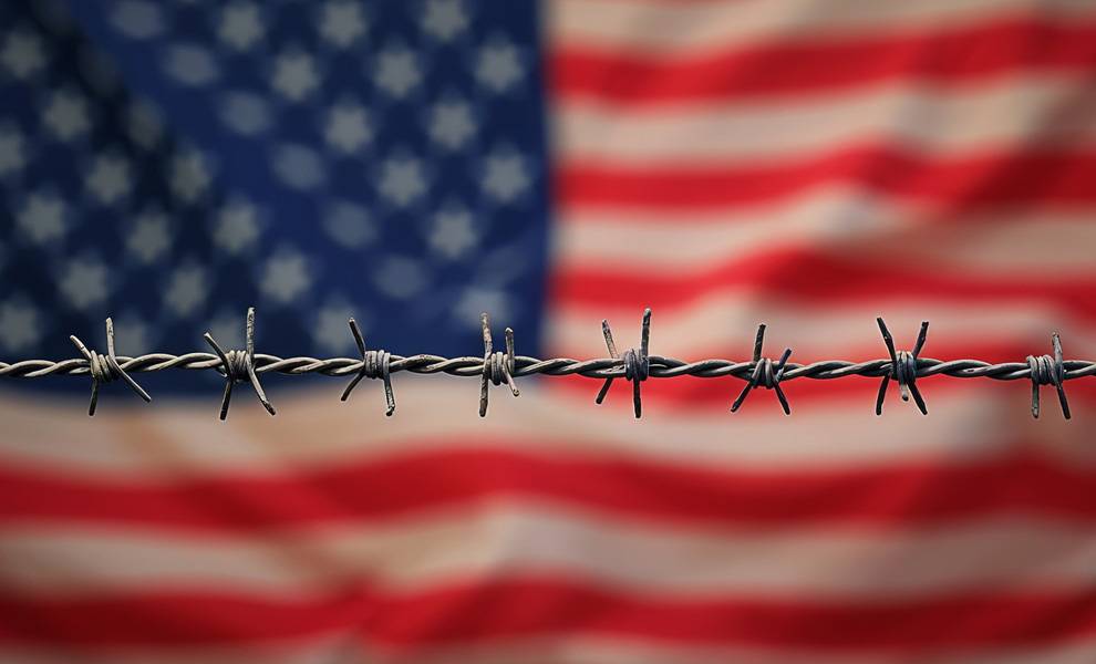 Alambre de púas entrelazado con una bandera estadounidense, que simboliza el patriotismo y la resiliencia en medio de la adversidad.