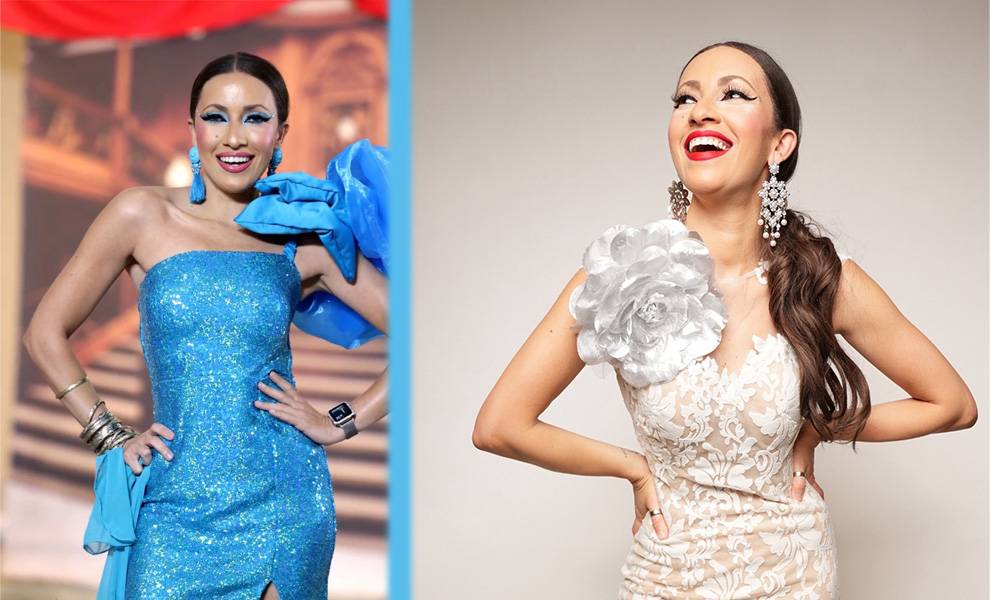 Dos imágenes una al lado de la otra: una de una mujer con un vestido azul y otra de una mujer con un vestido blanco.