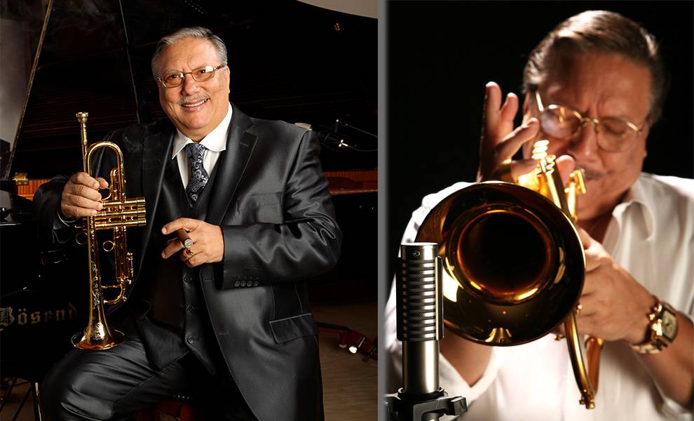 Arturo Sandoval playing a trumpet.
