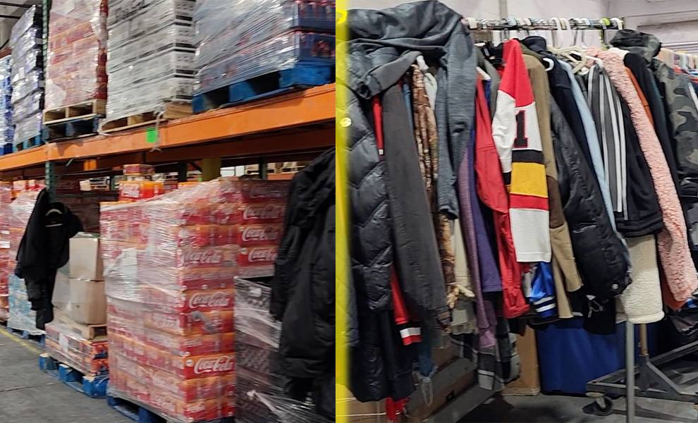 Dos imágenes de un almacén lleno de cajas apiladas y ropa colgada en estantes en The Caring Place.