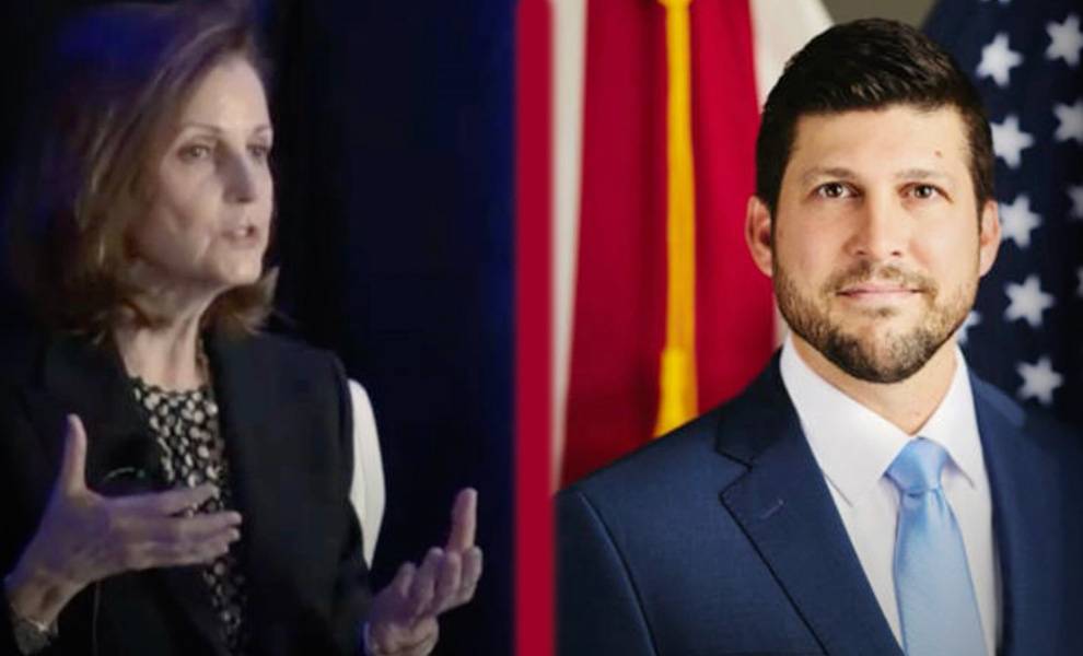 La jueza de distrito de EE. UU. Kathleen Williams y el fiscal general de Florida, James Uthmeier.