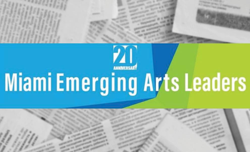 Blue and green banner for the 20th Anniversary of Miami Emerging Arts Leaders.