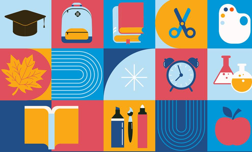 Images of school supplies on a colorful block background.