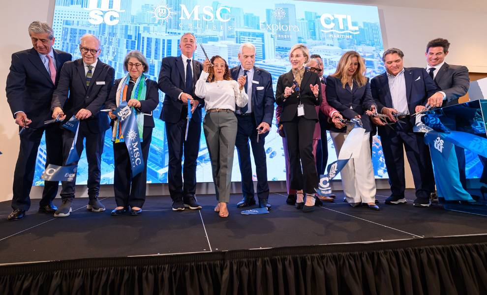 A group of people including Miami Mayor Daniella Levine Cava cutting the ribbon at the MSC Cruises office opening.
