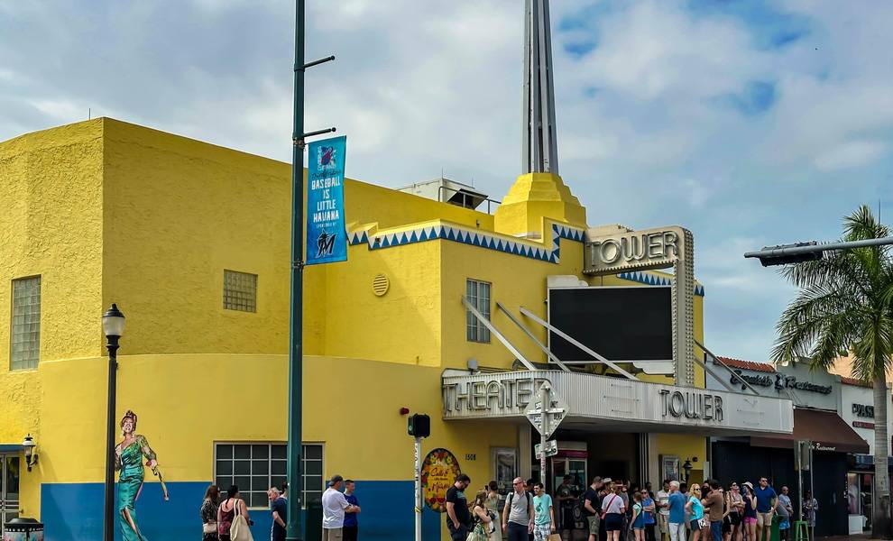 People gathered outside the Tower Theater in Miami.