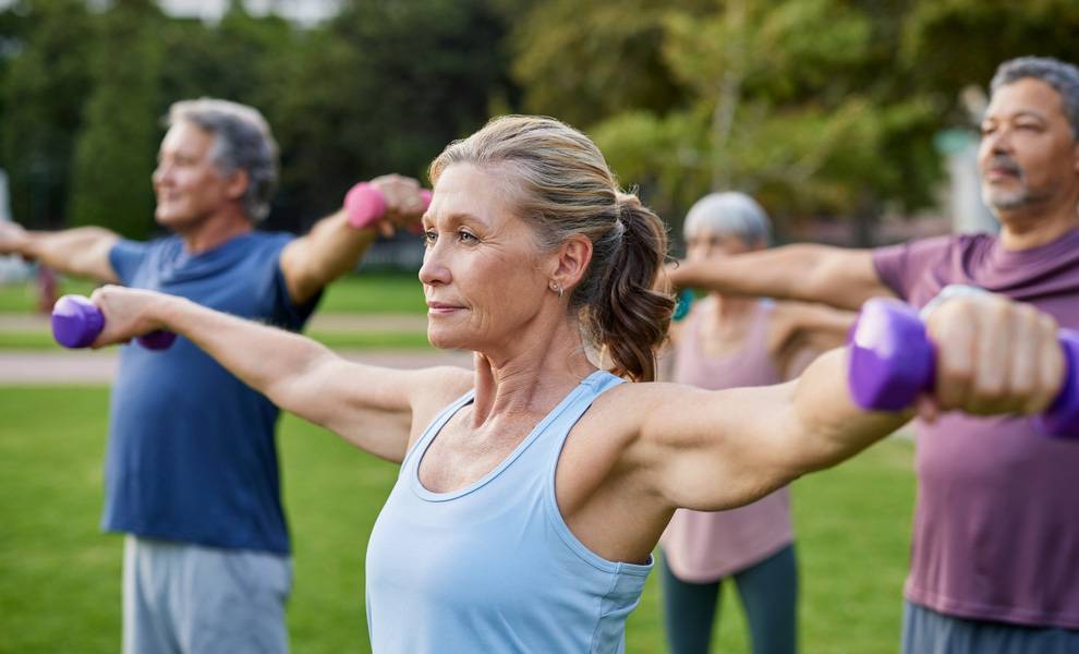 A group of older adults participates in an outdoor fitness class in a park, holding small dumbbells with arms extended at shoulder height.