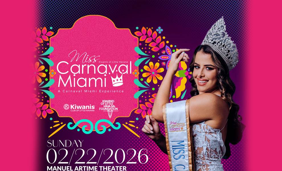 Miss Carnaval Miami 2026 presenta a una mujer con una corona y un vestido.