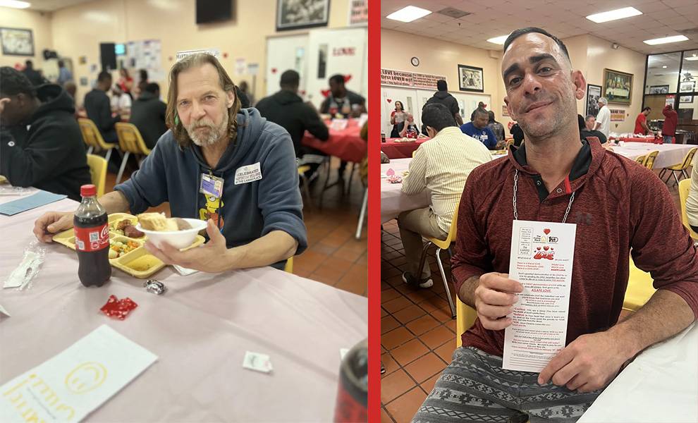 Un huésped comiendo en The Caring Place y otro huésped aceptando la salvación.