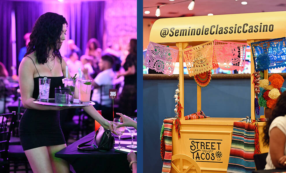 Left: A server in a black dress carries a tray of drinks through a dimly lit venue with purple lighting, delivering a cocktail to a seated guest. Right: A colorful street taco stand display labeled “@SeminoleClassicCasino,” decorated with vibrant papel picado banners and textiles, set up indoors at an event.